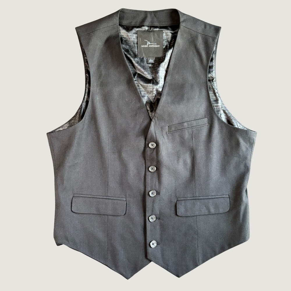 Marc Anthony Mens Suit Vest L Blk Stretch V-Neck Formal Tailored Groomsman Prom